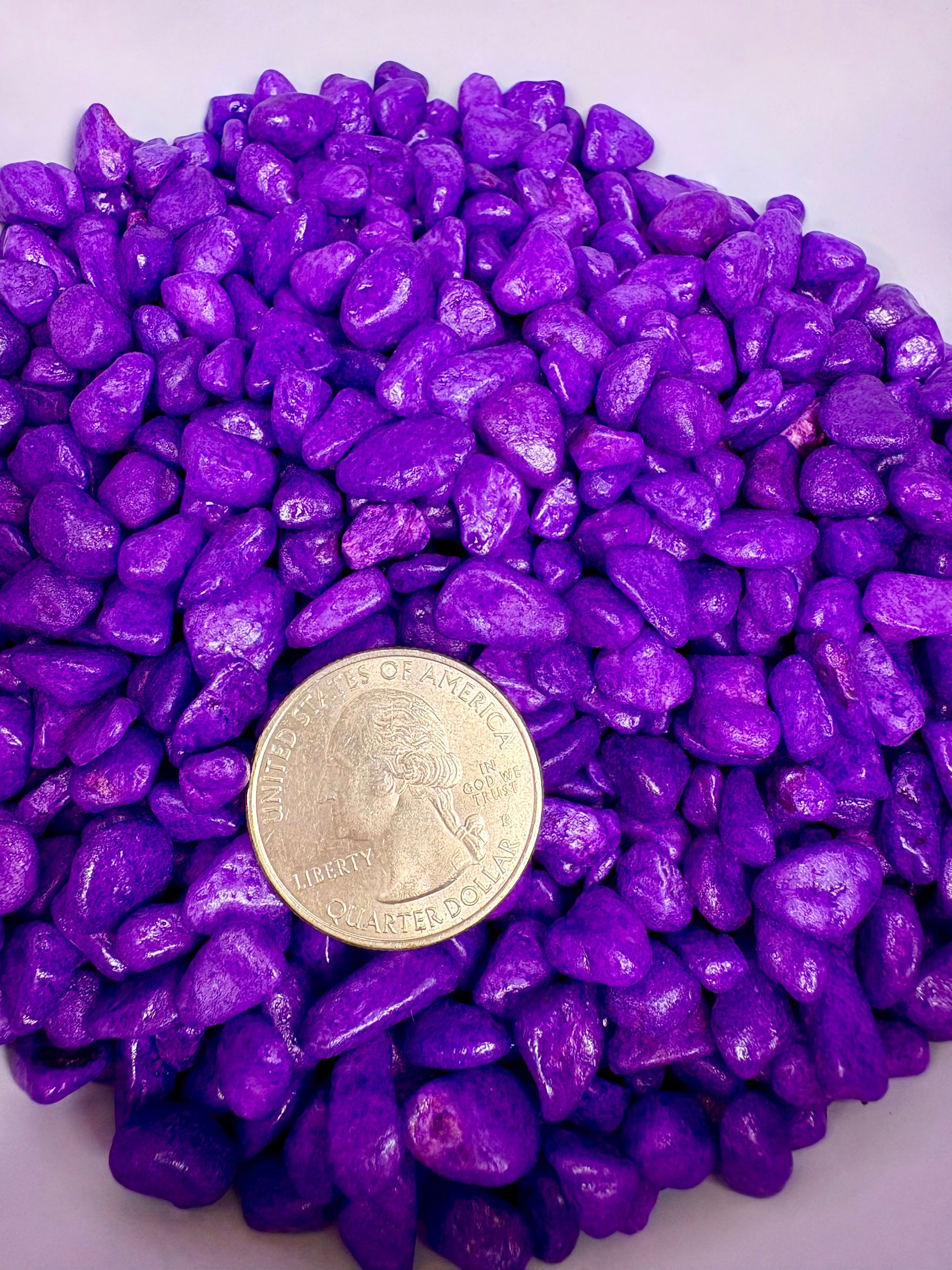 Purple pebbles with a coin for scale on a white background